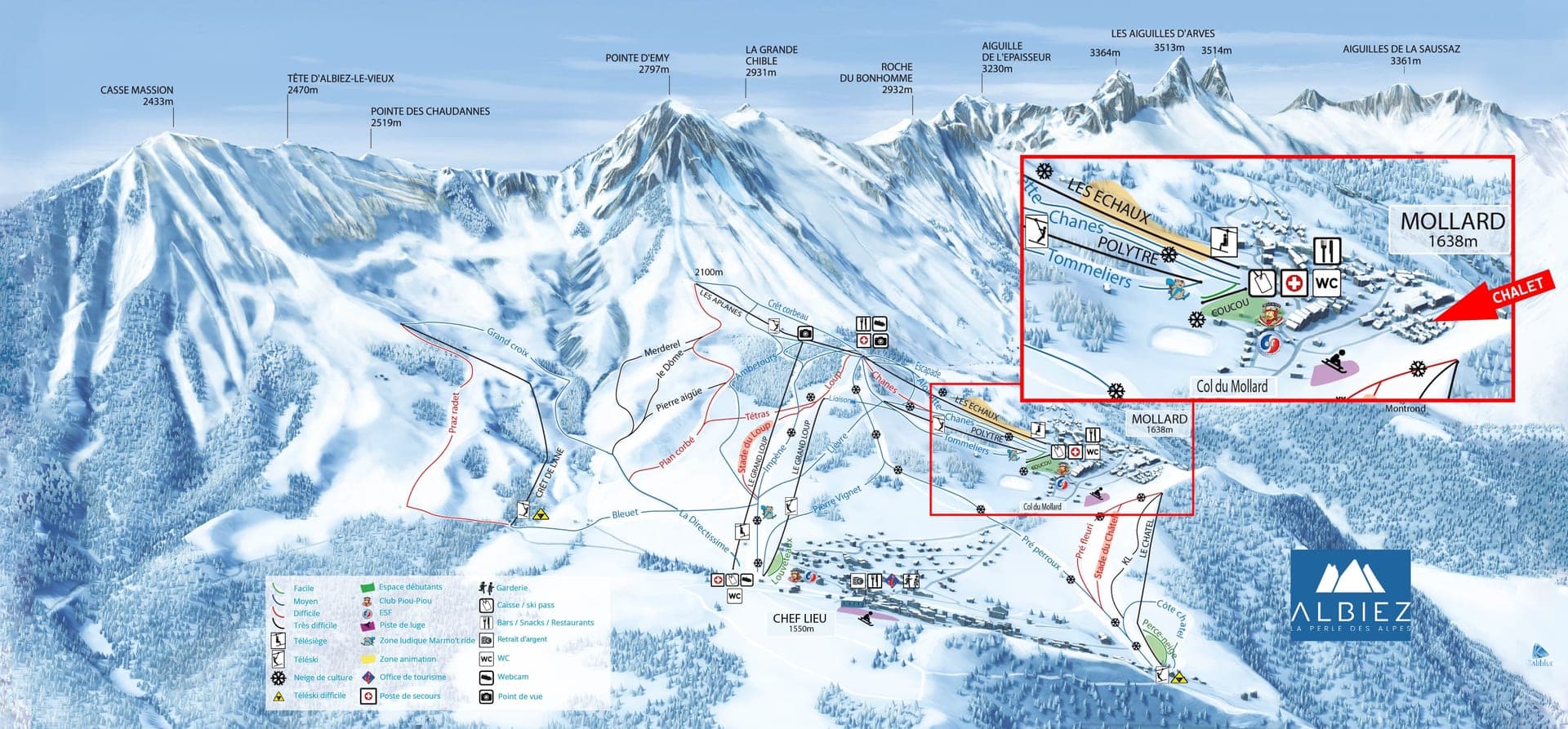 La flèche indique l'appartement : le front de neige, l'ESF et les commerces sont à 250 mètres.